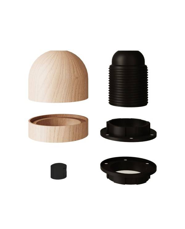 Kit E27 Gewinde-Fassung x Lampenschirm mit abgerundeter Holzabdeckung, versteckter Zugentlastung und Klemmringabdeckung aus Holz