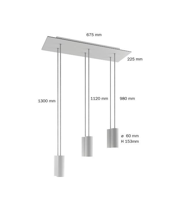 6-flammige Pendelleuchte mit rechteckigem XXL-Rose-One 675 mm komplett mit Textilkabel und Tub-E14-Lampenschirm aus Metall